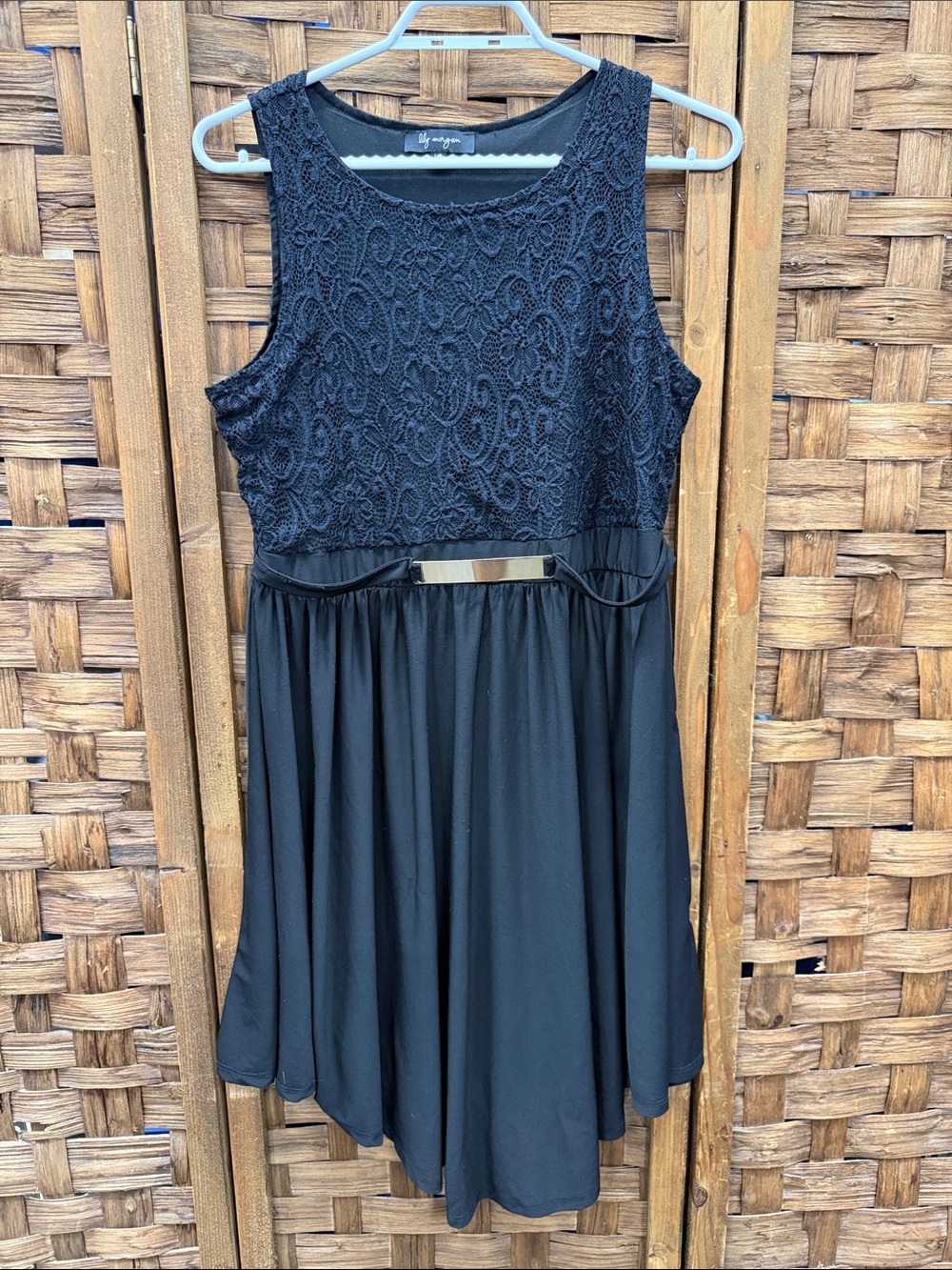 Black Lace Bodice Mini Dress with Metallic Waist Accent